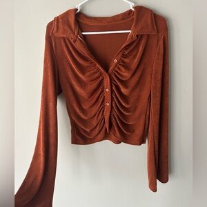 Rust Long bell Sleeve Ruched Top